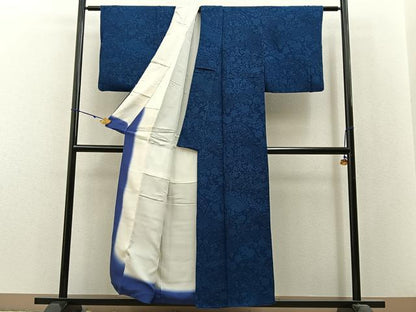 平和屋着物■上質な小紋　作家物　本藍　更紗花鳥文　鬼しぼ縮緬　正絹　逸品　BAAX6279hj