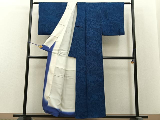 平和屋着物■上質な小紋　作家物　本藍　更紗花鳥文　鬼しぼ縮緬　正絹　逸品　BAAX6279hj