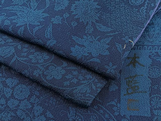 平和屋着物■上質な小紋　作家物　本藍　更紗花鳥文　鬼しぼ縮緬　正絹　逸品　BAAX6279hj