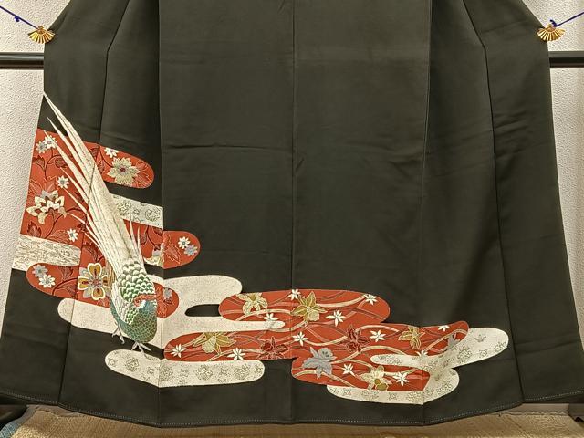 平和屋着物■豪華黒留袖 刺繍 尾長鶏花文 金銀彩 正絹 逸品 BAAX6280hj