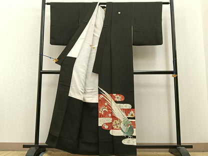 平和屋着物■豪華黒留袖 刺繍 尾長鶏花文 金銀彩 正絹 逸品 BAAX6280hj