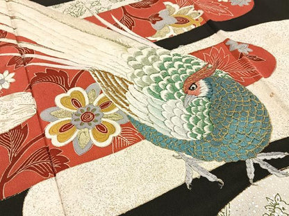 平和屋着物■豪華黒留袖 刺繍 尾長鶏花文 金銀彩 正絹 逸品 BAAX6280hj