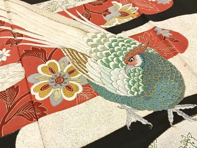 平和屋着物■豪華黒留袖 刺繍 尾長鶏花文 金銀彩 正絹 逸品 BAAX6280hj