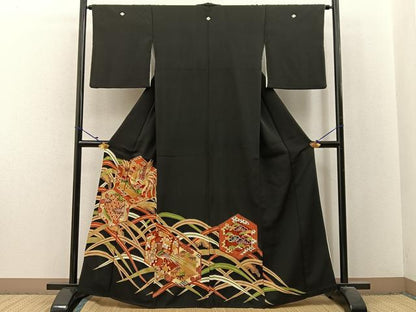 平和屋着物■豪華黒留袖 駒刺繍 鳳凰亀甲草花文 金彩 正絹 逸品 BAAX6288hj