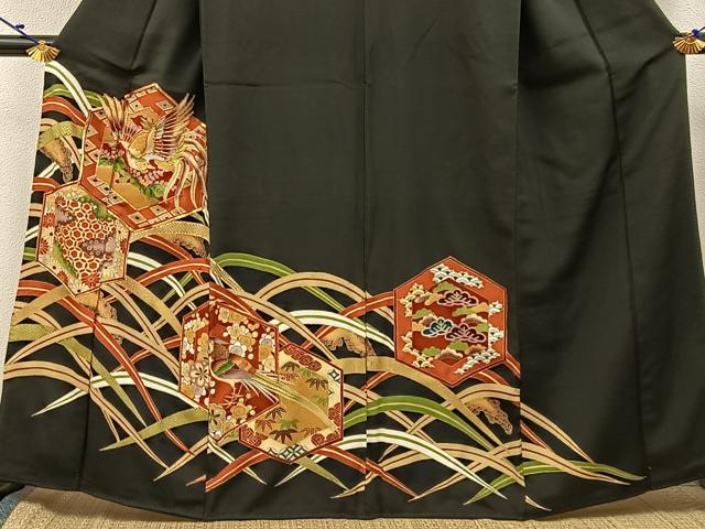平和屋着物■豪華黒留袖 駒刺繍 鳳凰亀甲草花文 金彩 正絹 逸品 BAAX6288hj