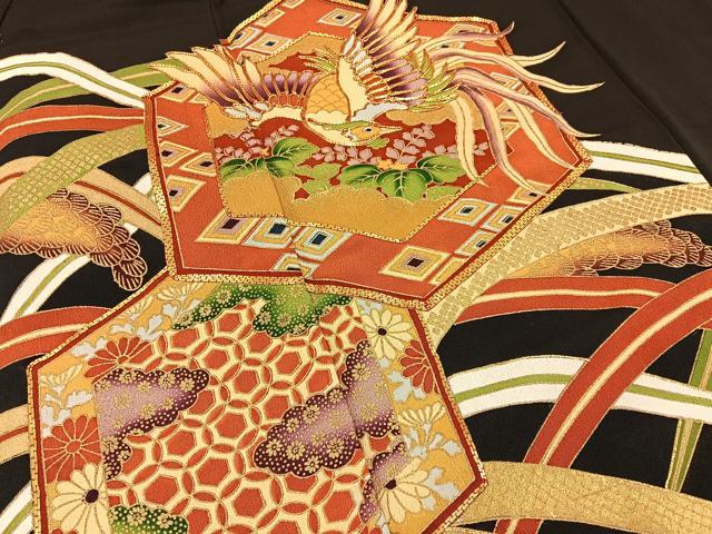 平和屋着物■豪華黒留袖 駒刺繍 鳳凰亀甲草花文 金彩 正絹 逸品 BAAX6288hj
