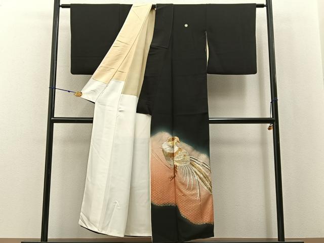 平和屋着物■豪華黒留袖　刺繍　尾長鶏　暈し染め　金彩　正絹　逸品　BAAX6300hj