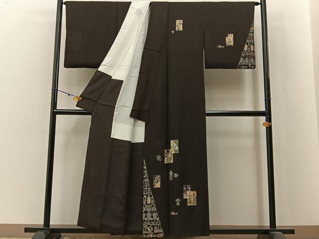 平和屋着物■訪問着　作家物　刺繍　コプト人物文　黒地　金彩　正絹　逸品　BAAX6309hj