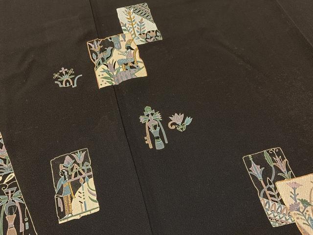 平和屋着物■訪問着　作家物　刺繍　コプト人物文　黒地　金彩　正絹　逸品　BAAX6309hj