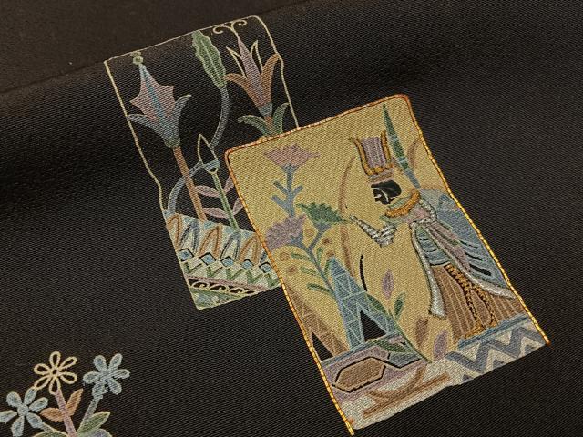 平和屋着物■訪問着　作家物　刺繍　コプト人物文　黒地　金彩　正絹　逸品　BAAX6309hj