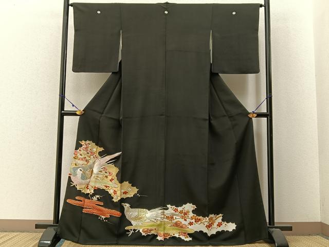 平和屋着物■豪華黒留袖　駒刺繍　尾長鶏エ霞花文　金彩　正絹　逸品　BAAX6314hj