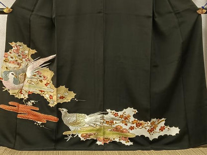 平和屋着物■豪華黒留袖　駒刺繍　尾長鶏エ霞花文　金彩　正絹　逸品　BAAX6314hj