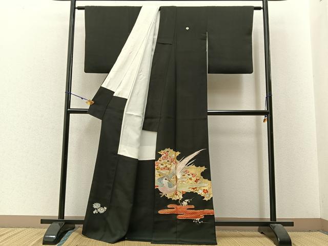 平和屋着物■豪華黒留袖　駒刺繍　尾長鶏エ霞花文　金彩　正絹　逸品　BAAX6314hj