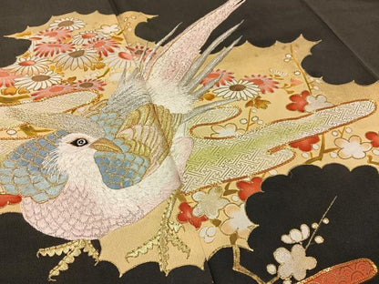 平和屋着物■豪華黒留袖　駒刺繍　尾長鶏エ霞花文　金彩　正絹　逸品　BAAX6314hj