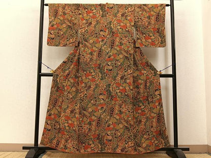 平和屋着物■上質な小紋　扇面草花文　鬼しぼ縮緬　正絹　逸品　BAAX6318hj