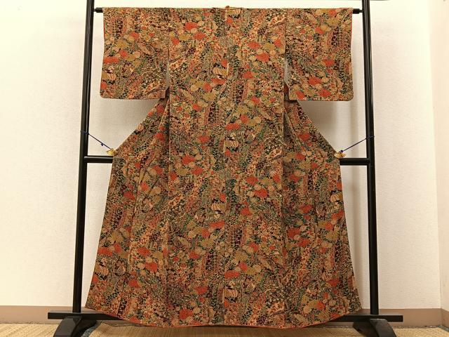 平和屋着物■上質な小紋　扇面草花文　鬼しぼ縮緬　正絹　逸品　BAAX6318hj