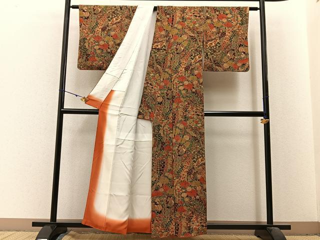 平和屋着物■上質な小紋　扇面草花文　鬼しぼ縮緬　正絹　逸品　BAAX6318hj