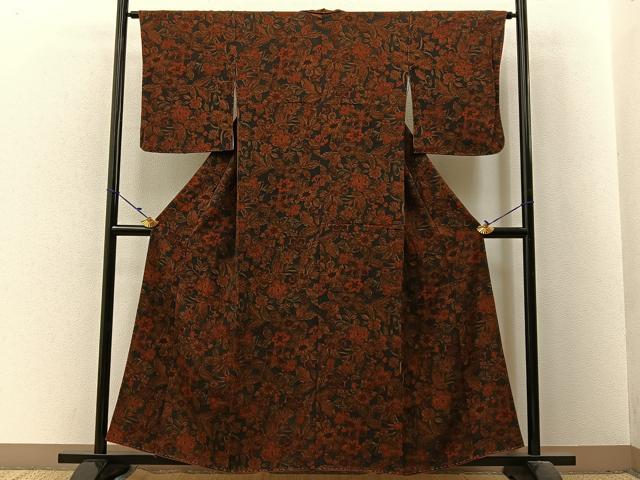 平和屋着物■上質な小紋　更紗花文　濃紺地　鬼しぼ縮緬　正絹　逸品　BAAX6320hj