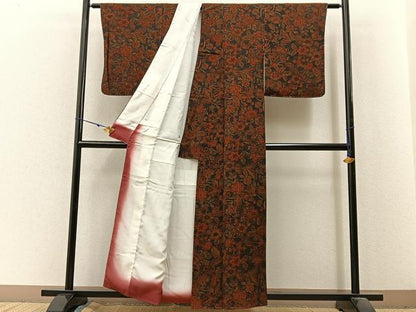 平和屋着物■上質な小紋　更紗花文　濃紺地　鬼しぼ縮緬　正絹　逸品　BAAX6320hj