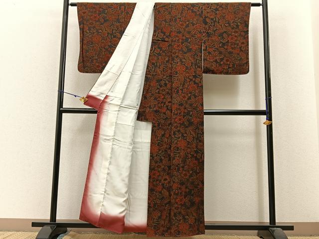 平和屋着物■上質な小紋　更紗花文　濃紺地　鬼しぼ縮緬　正絹　逸品　BAAX6320hj