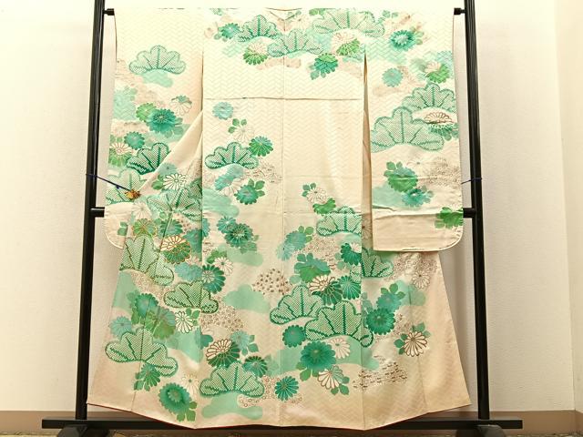 平和屋着物■豪華振袖　駒刺繍　鹿の子松菊文　銀彩　正絹　逸品　BAAX6337hj