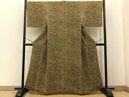 平和屋着物■上質な小紋　型染め　松竹梅　流水草花文　鬼しぼ縮緬　正絹　逸品　BAAX6340hj