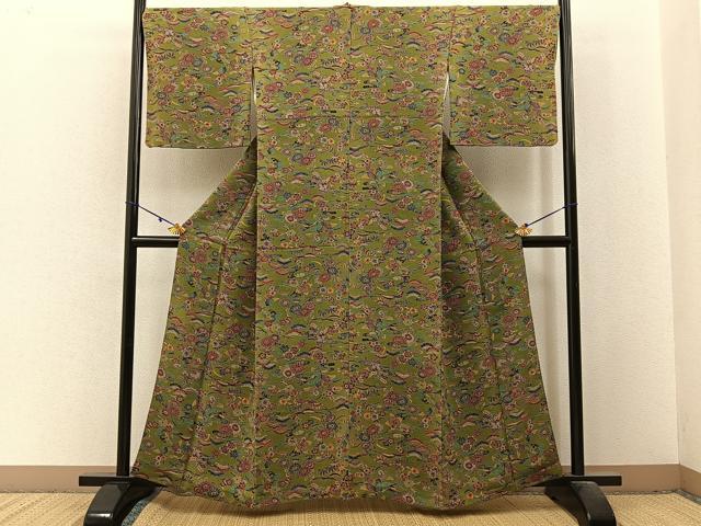 平和屋着物■上質な小紋　型染め　松竹梅　流水草花文　鬼しぼ縮緬　正絹　逸品　BAAX6340hj