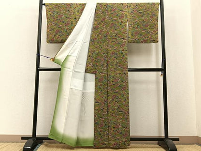 平和屋着物■上質な小紋　型染め　松竹梅　流水草花文　鬼しぼ縮緬　正絹　逸品　BAAX6340hj