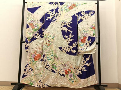 平和屋着物■豪華振袖　駒刺繍　飛鶴花絵巻文　金彩　正絹　逸品　BAAX6350hj