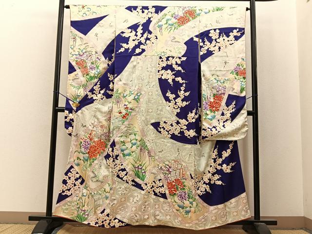 平和屋着物■豪華振袖　駒刺繍　飛鶴花絵巻文　金彩　正絹　逸品　BAAX6350hj