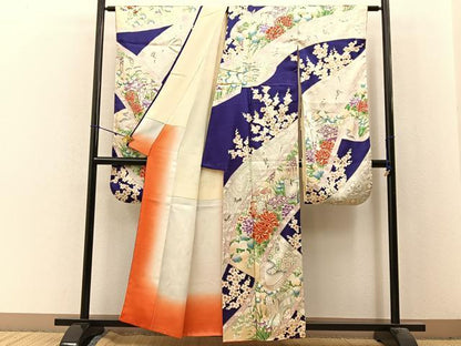 平和屋着物■豪華振袖　駒刺繍　飛鶴花絵巻文　金彩　正絹　逸品　BAAX6350hj