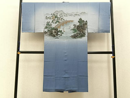 平和屋着物■男性　長襦袢　袷　手描き　渡橋風景文　暈し染め　金彩　正絹　逸品　未使用　BAAX6371hj