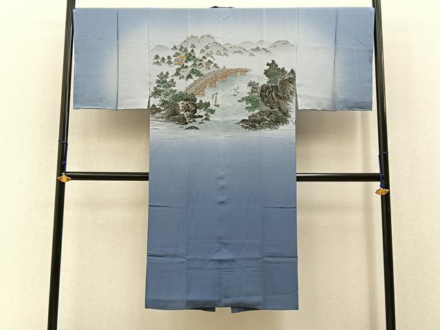 平和屋着物■男性　長襦袢　袷　手描き　渡橋風景文　暈し染め　金彩　正絹　逸品　未使用　BAAX6371hj