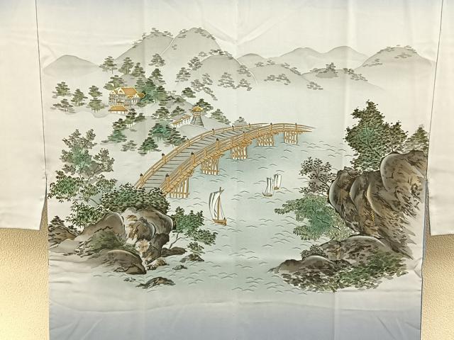 平和屋着物■男性　長襦袢　袷　手描き　渡橋風景文　暈し染め　金彩　正絹　逸品　未使用　BAAX6371hj