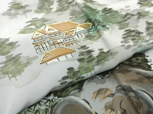 平和屋着物■男性　長襦袢　袷　手描き　渡橋風景文　暈し染め　金彩　正絹　逸品　未使用　BAAX6371hj