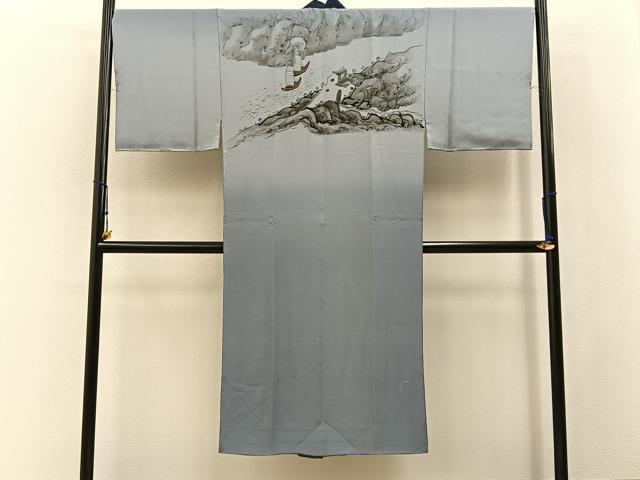 平和屋着物○男性 長襦袢 袷 作家物 手描き 人物風景文 暈し染め 金彩
