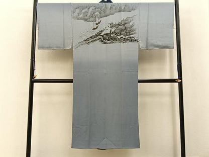 平和屋着物■男性　長襦袢　袷　手描き　渡船風景文　暈し染め　金彩　正絹　逸品　BAAX6372hj