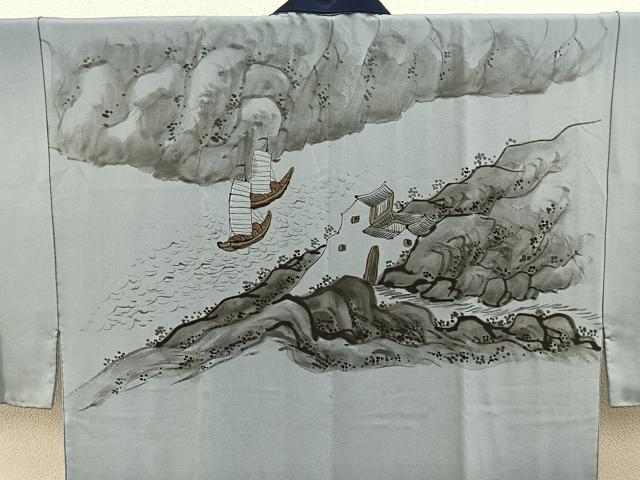 平和屋着物○男性 長襦袢 袷 作家物 手描き 人物風景文 暈し染め 金彩