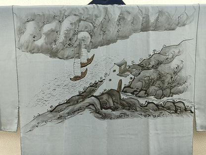 平和屋着物■男性　長襦袢　袷　手描き　渡船風景文　暈し染め　金彩　正絹　逸品　BAAX6372hj