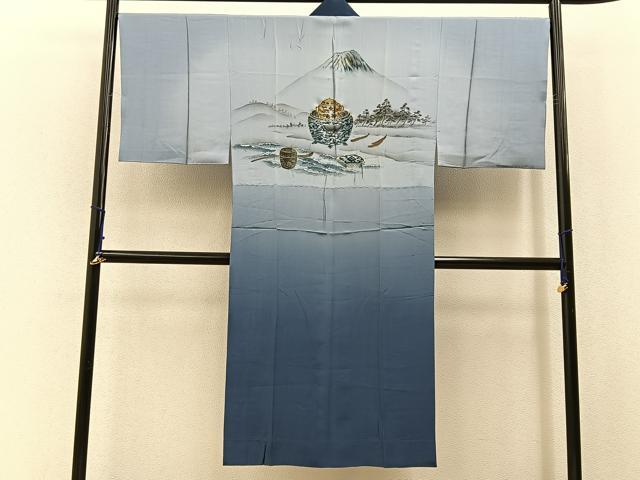 平和屋着物■男性　長襦袢　無双仕立て　手描き　富士山　茶道具　暈し染め　金彩　正絹　逸品　BAAX6377hj