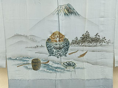 平和屋着物■男性　長襦袢　無双仕立て　手描き　富士山　茶道具　暈し染め　金彩　正絹　逸品　BAAX6377hj