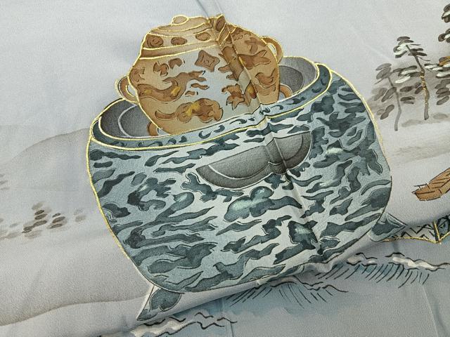 平和屋着物■男性　長襦袢　無双仕立て　手描き　富士山　茶道具　暈し染め　金彩　正絹　逸品　BAAX6377hj