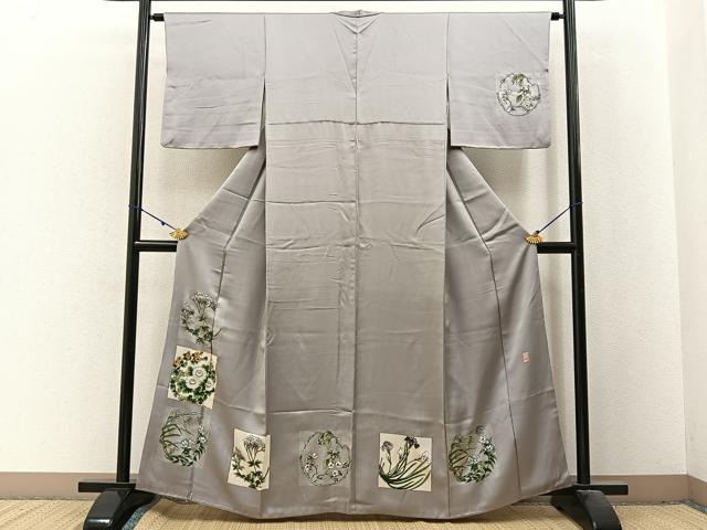 平和屋着物■訪問着　作家物　駒刺繍　色紙草花文　正絹　逸品　BAAX6381hj