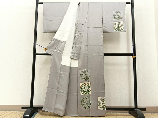 平和屋着物■訪問着　作家物　駒刺繍　色紙草花文　正絹　逸品　BAAX6381hj