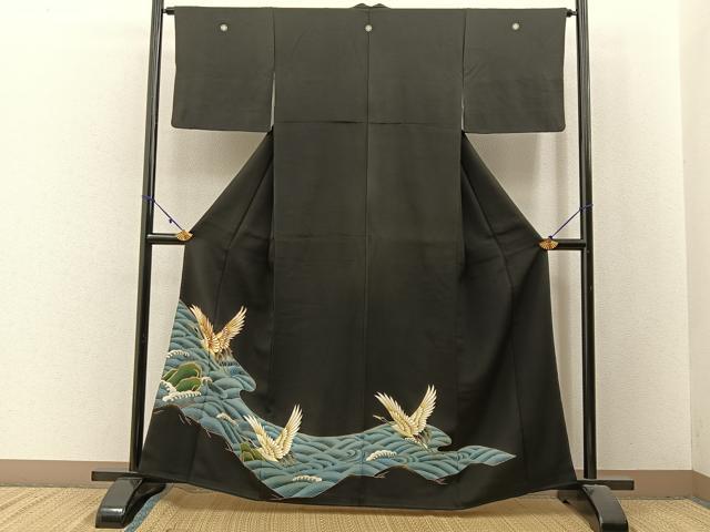 平和屋着物■豪華黒留袖　駒刺繍　飛鶴立波文　金彩　正絹　逸品　BAAX6382hj