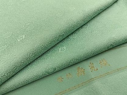 平和屋着物●上質な色無地　寿光織　草花地紋　山葵色　反端付き　正絹　逸品　BAAX6391hj