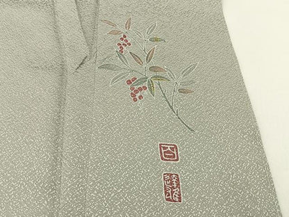 平和屋着物●京加賀友禅　百貫達雄監修　色無地　霞地紋　絹鼠色　正絹　逸品　BAAX6394hj
