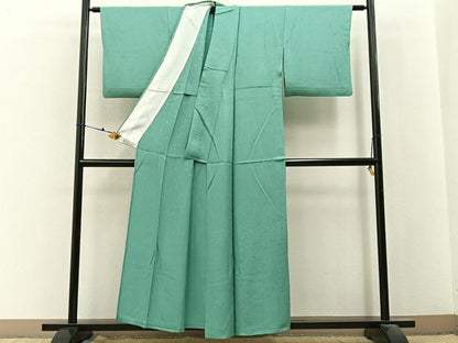 平和屋着物▽上質な色無地　単衣　菊地紋　青磁色　正絹　逸品　BAAX6422hj
