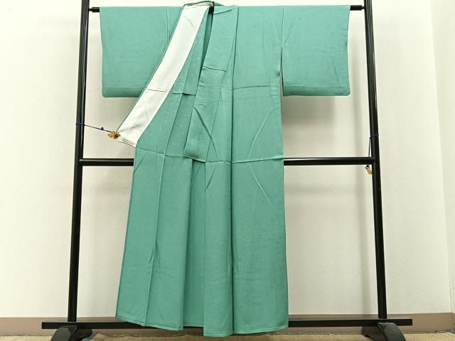 平和屋着物▽上質な色無地　単衣　菊地紋　青磁色　正絹　逸品　BAAX6422hj