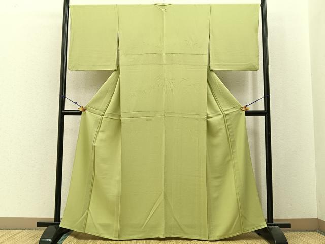 平和屋着物▽上質な色無地　単衣　若菜色　正絹　逸品　BAAX6425hj